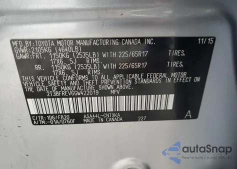 2016 Toyota Rav4 Le z USA, uszkodzony, nr VIN 2T3BFREV6GW422019